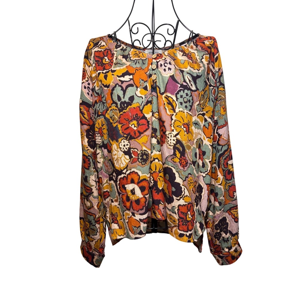 Gilli Womens Retro Floral Long Sleeve Blouse Orange Purple Boho Top - Small